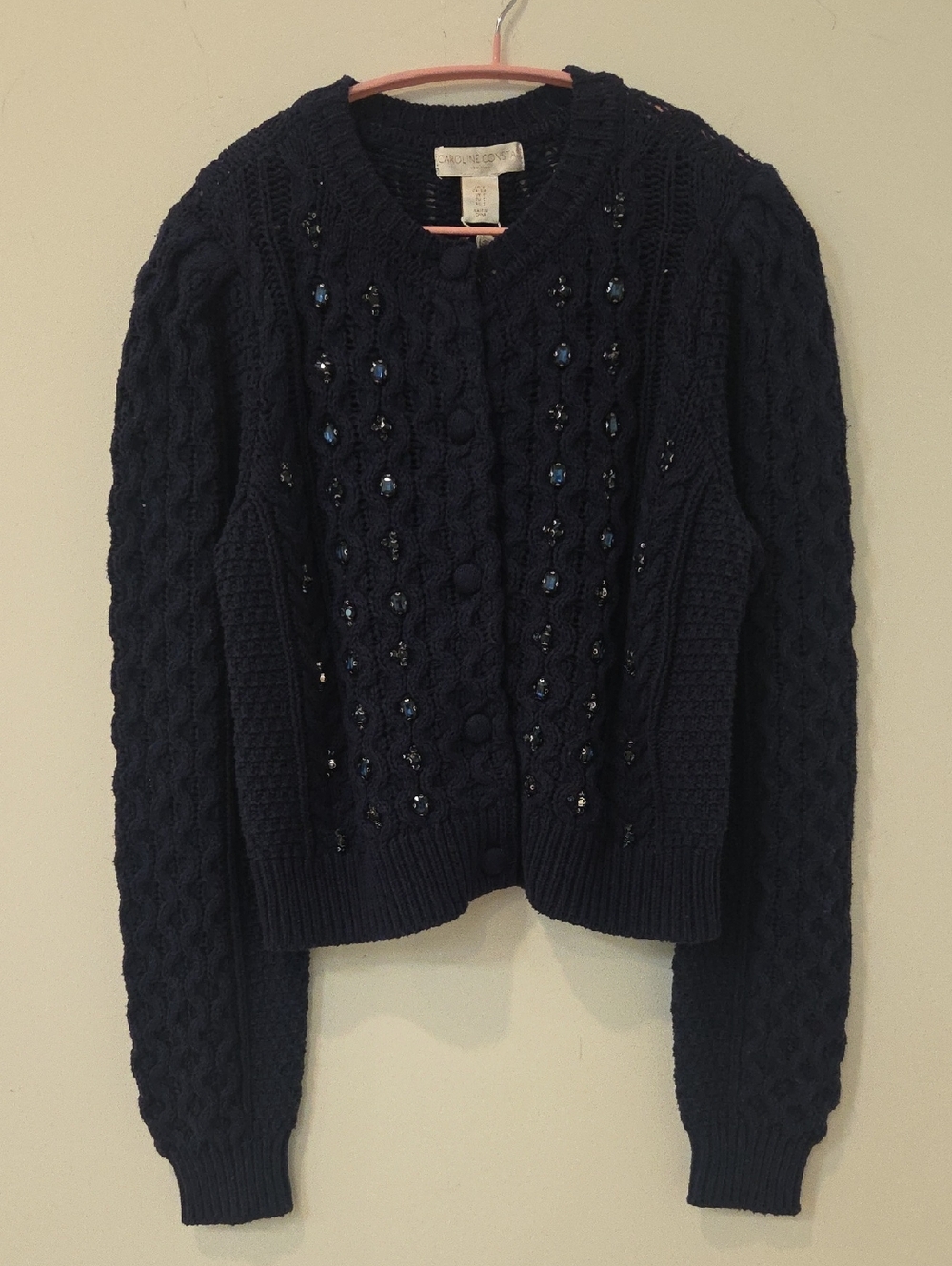 Caroline Constas Navy Beaded Cable-Knit Cropped Cardigan